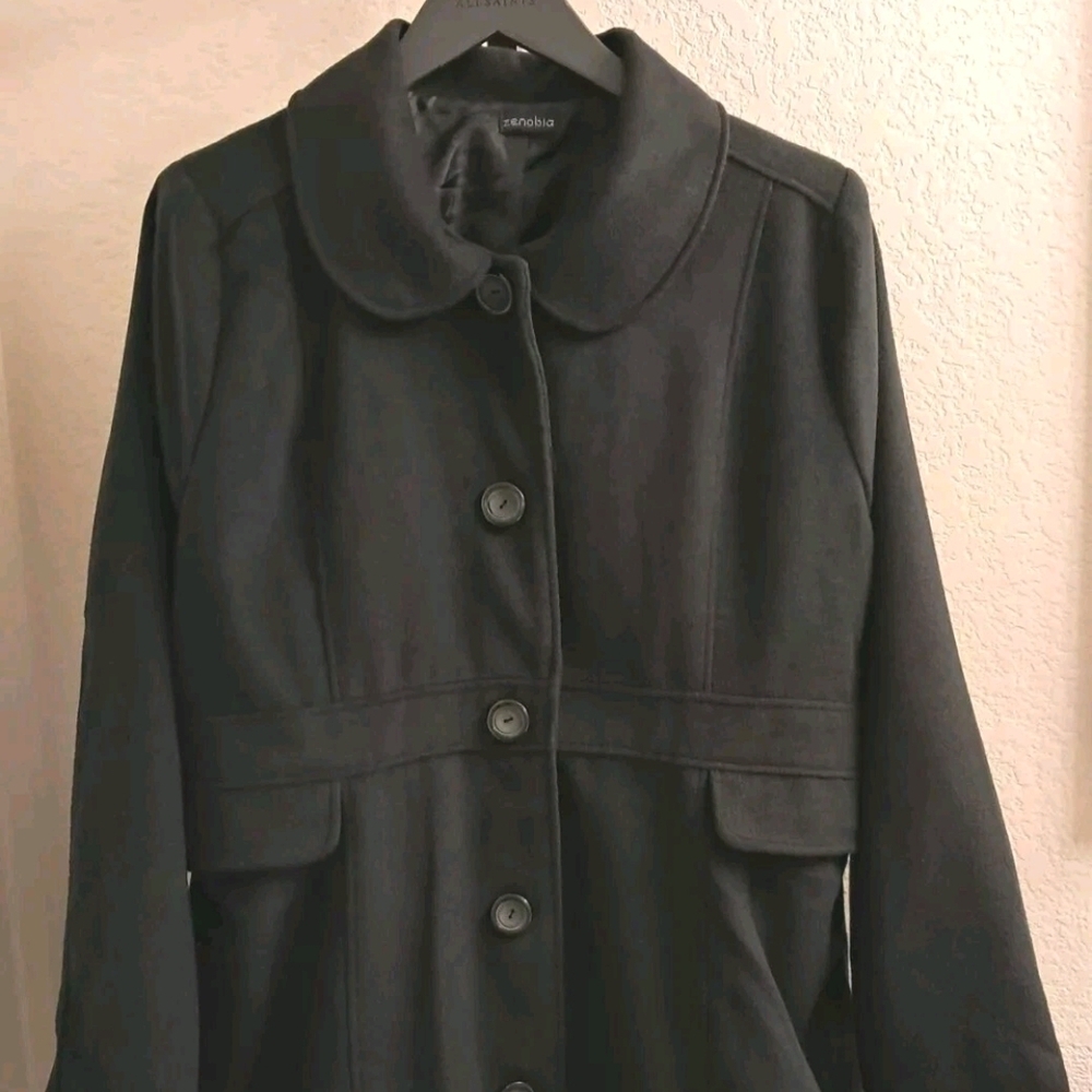 Zenobia Button Front Black Jacket Winter Coat Pleated Lined XXXL Size 16-18